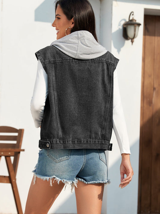 Pocketed Button Up Hooded Denim Jacket Shop One Place