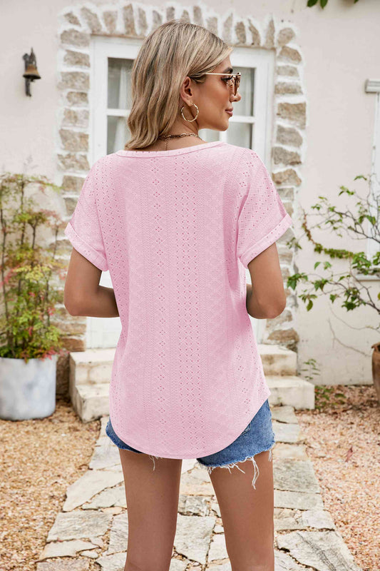 Full Size Round Neck Eyelet Short Sleeve Top Shop One Place