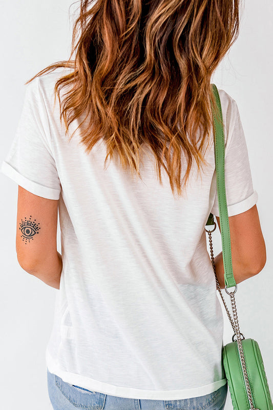 Sequin Flower Round Neck Short Sleeve T-Shirt Shop One Place
