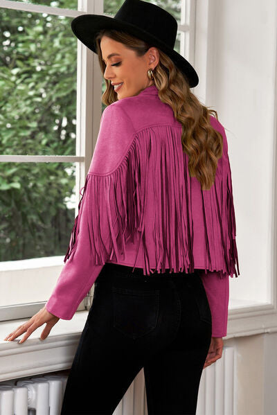 Fringe Trim Lapel Collar Cropped Blazer Shop One Place