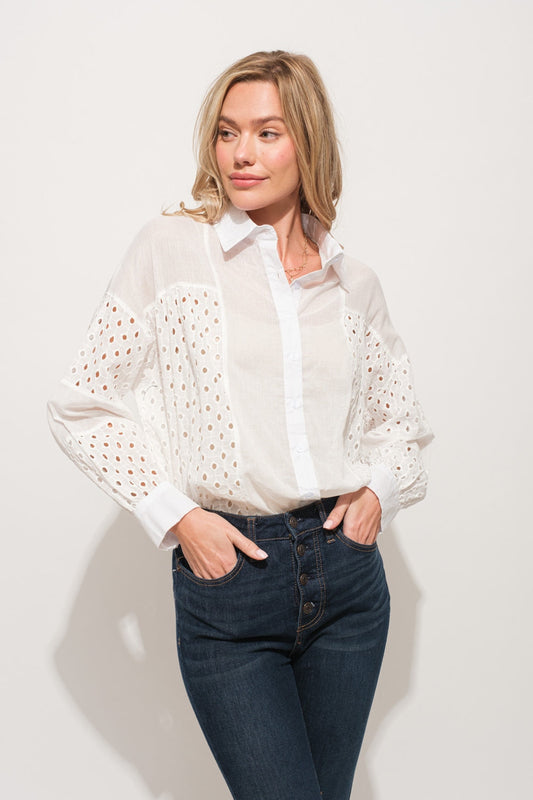 And The Why Eyelet Long Sleeve Button Down Shirt Shop One Place