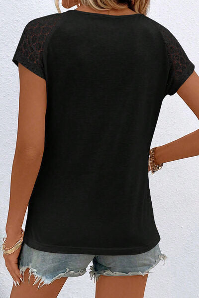 Cutout Round Neck Lace Short Sleeve T-Shirt Shop One Place