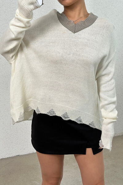 Distressed V-Neck Dropped Shoulder Sweater Shop One Place