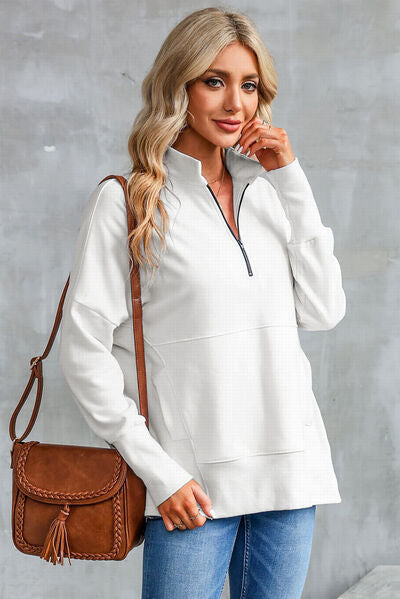 Half Zip Pocketed Dropped Shoulder Sweatshirt Shop One Place
