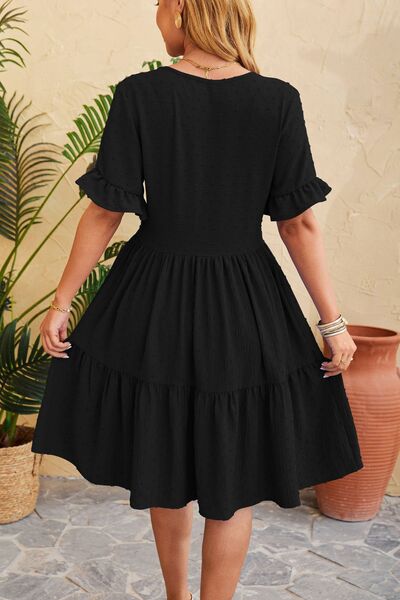 Swiss Dot Ruffled V-Neck Tiered Dress Shop One Place