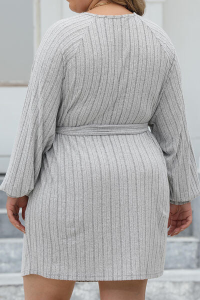 Plus Size Ribbed Tie Front Long Sleeve Sweater Dress Shop One Place