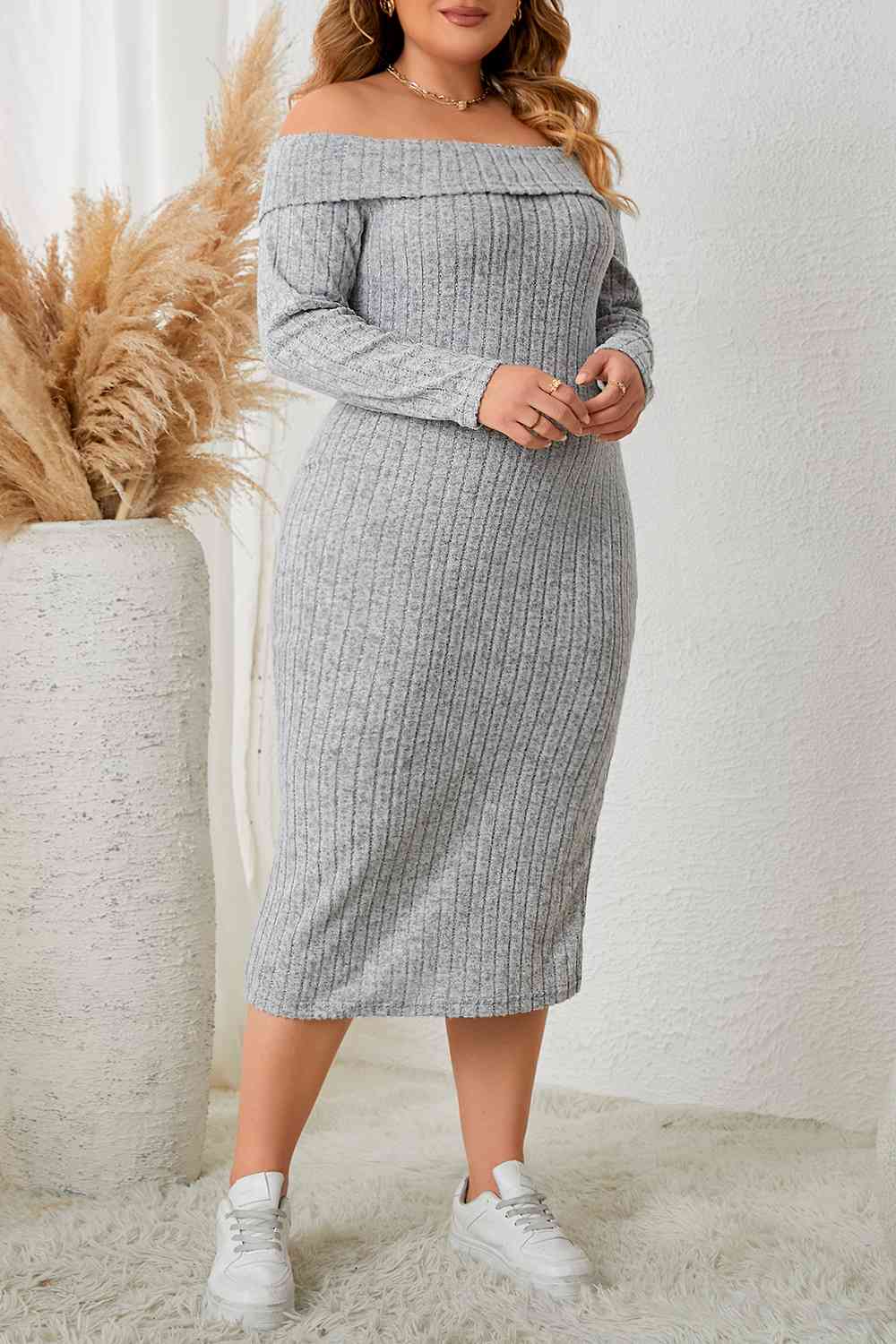 Plus Size Square Neck Long Sleeve Slit Dress Shop One Place