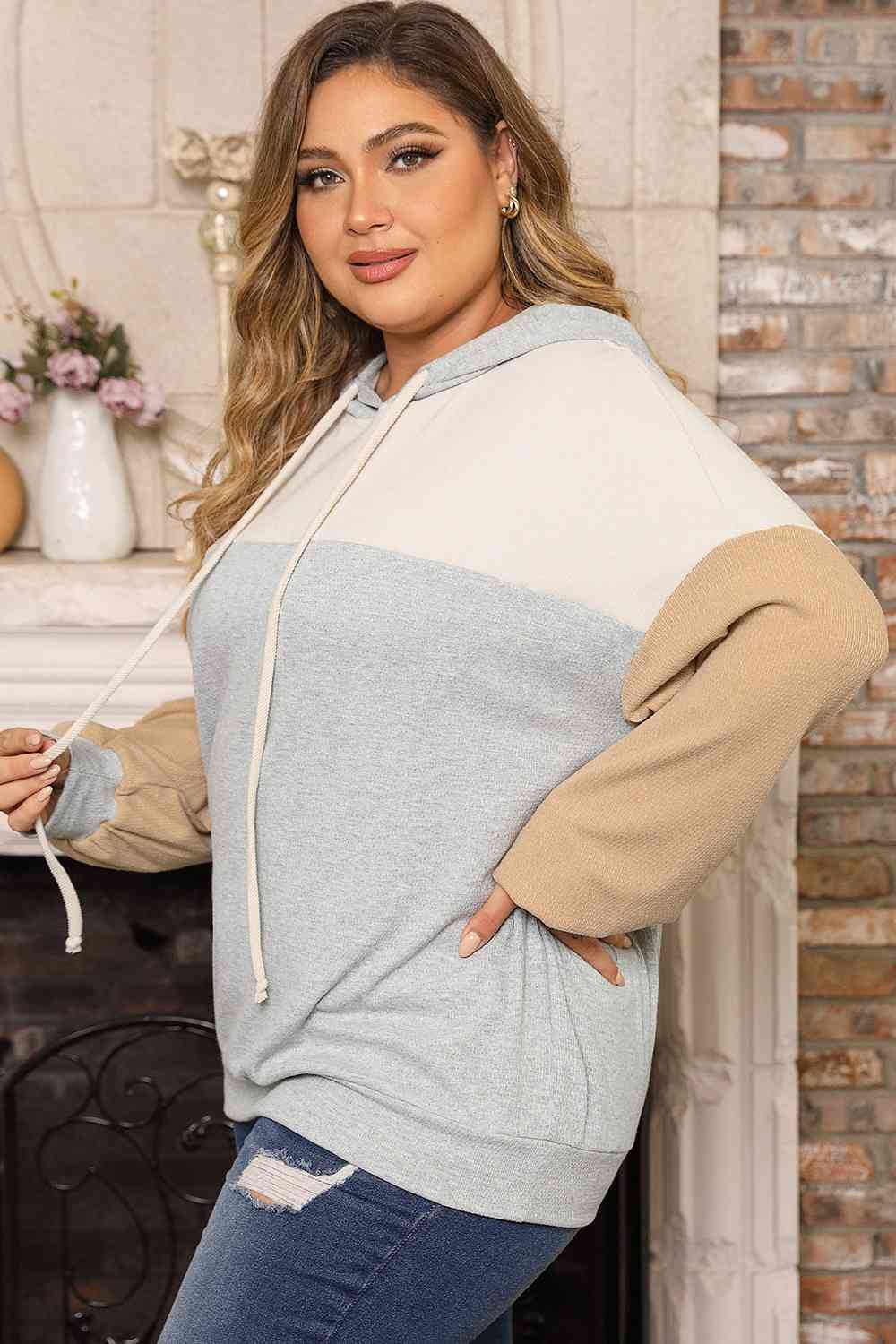 Plus Size Color Block Drawstring Long Sleeve Hoodie Shop One Place