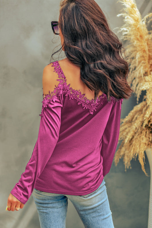 Lace Detail Cold Shoulder Long Sleeve T-Shirt Shop One Place