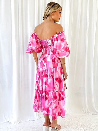 Printed Smocked Off-Shoulder Tiered Dress Shop One Place
