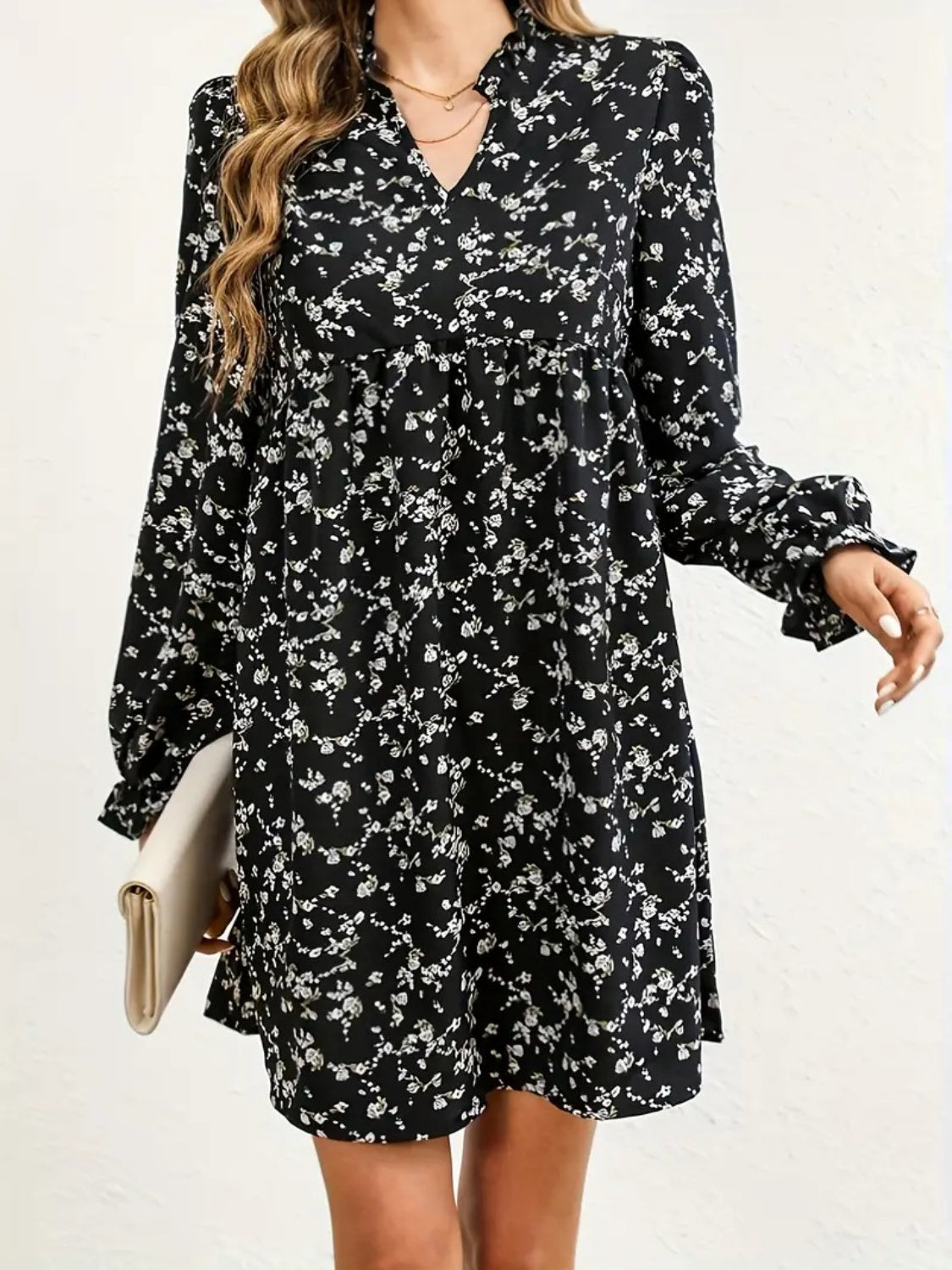 Ditsy Floral Notched Flounce Sleeve Dress Shop One Place