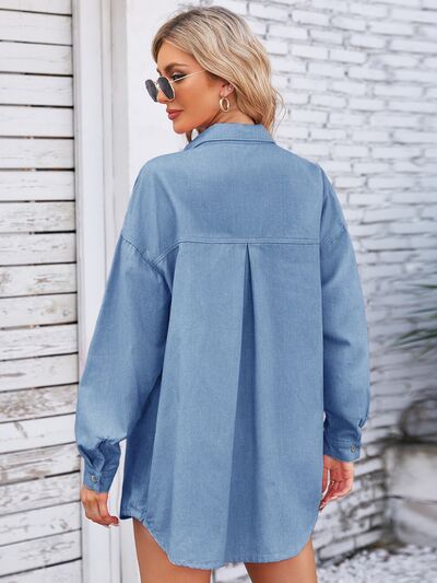 Pocketed Snap Down Dropped Shoulder Denim Shacket Shop One Place