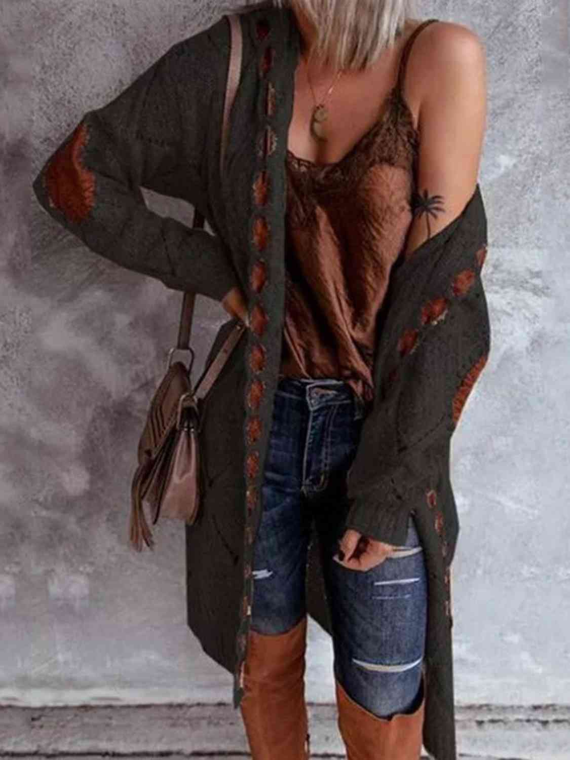 Openwork Long Sleeve Open Front Hooded Cardigan Shop One Place