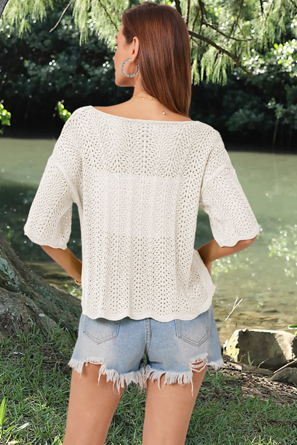 Openwork Round Neck Half Sleeve Knit Top Shop One Place