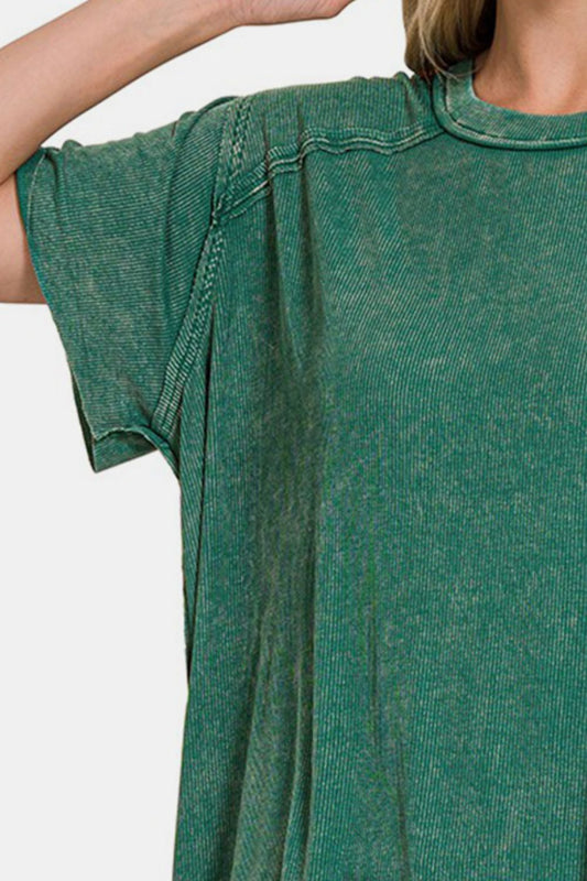 Zenana Washed Ribbed Short Sleeve Top Shop One Place