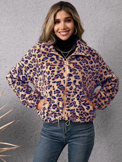 Drawstring Leopard Zip Up Jacket Shop One Place