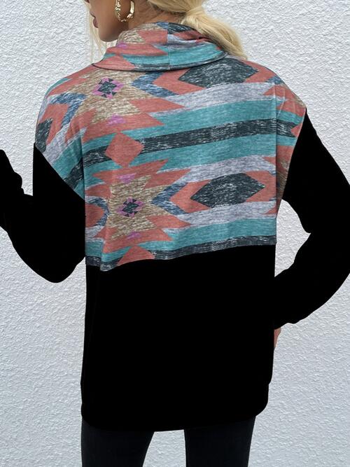 Geometric Drawstring Long-Sleeve Sweatshirt Shop One Place