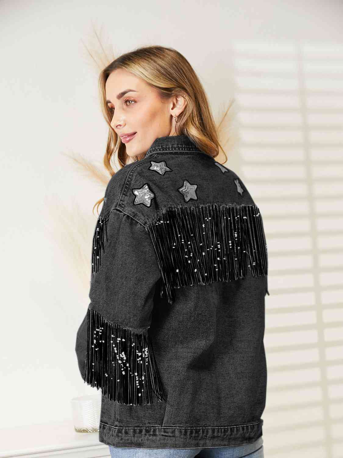 Fringe Detail Long Sleeve Denim Jacket Shop One Place