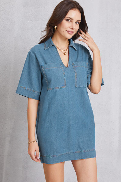 Pocketed Collared Neck Mini Denim Dress Shop One Place