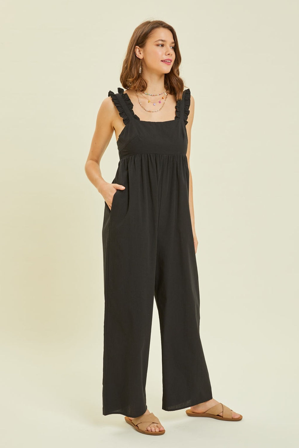 HEYSON Full Size Ruffled Strap Back Tie Wide Leg Jumpsuit Shop One Place