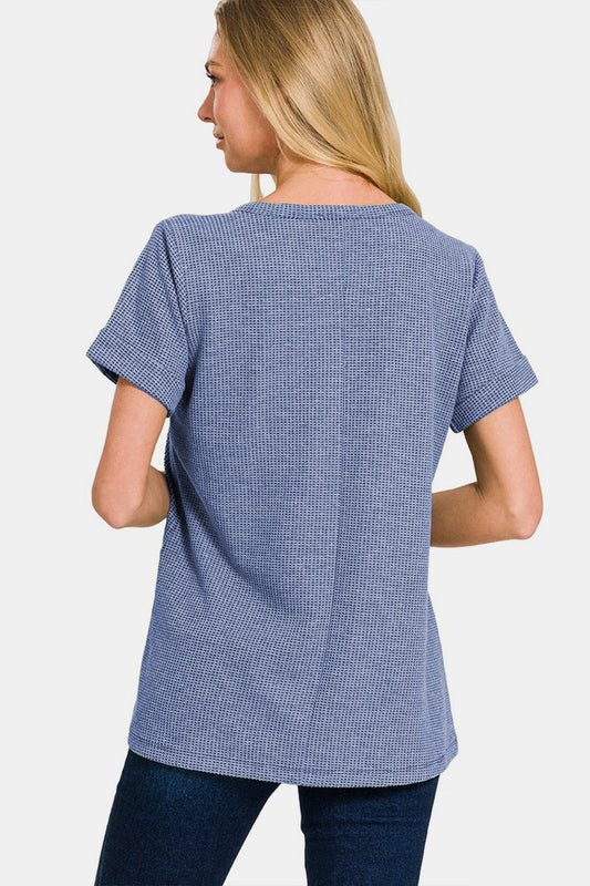 Zenana Notched Short Sleeve Waffle T-Shirt Shop One Place