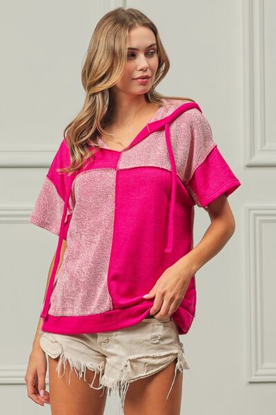 BiBi Color Block Exposed Seam Short Sleeve Hooded Top Shop One Place