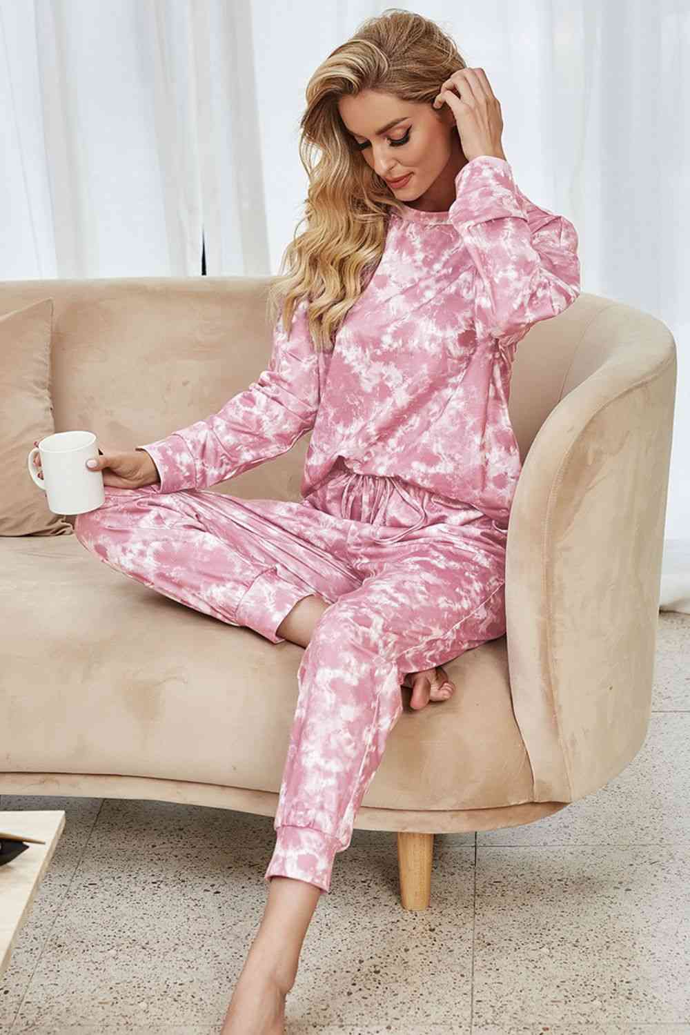 Tie-Dye Long Sleeve Top and Drawstring Joggers Lounge Set Shop One Place