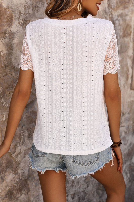 Eyelet Round Neck Short Sleeve T-Shirt Shop One Place
