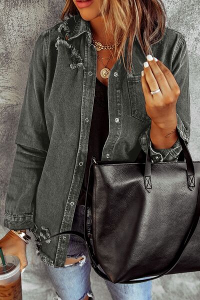 Distressed Raw Hem Snap Down Denim Jacket Shop One Place