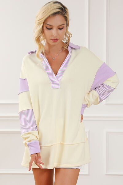 Striped Contrast Johnny Collar Dropped Shoulder Sweatshirt Shop One Place