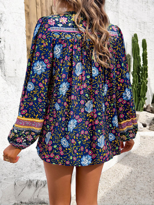 Printed Tie Neck Long Sleeve Blouse Shop One Place
