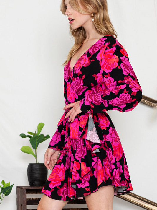 Floral Print Surplice Neck Long Sleeve Dress Shop One Place