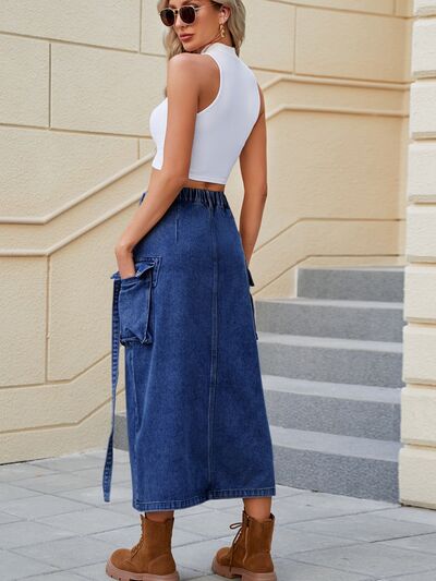 Slit Pocketed High Waist Denim Skirt Shop One Place
