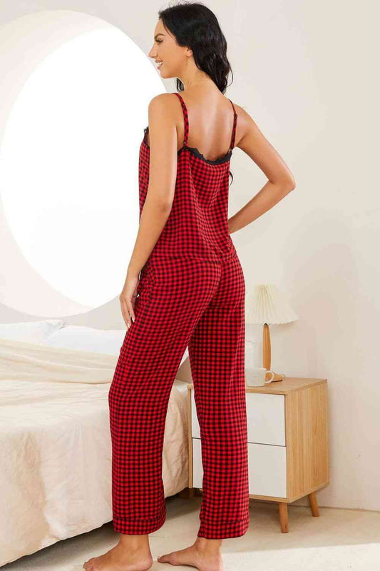 Plaid Lace Trim Cami and Drawstring Pants Pajama Set Shop One Place