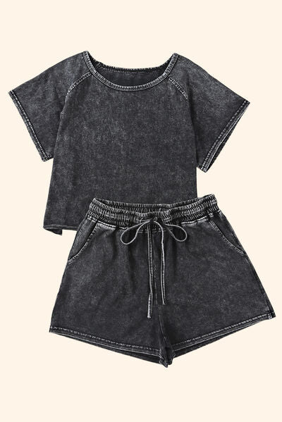 Heathered Round Neck Top and Shorts Lounge Set Shop One Place