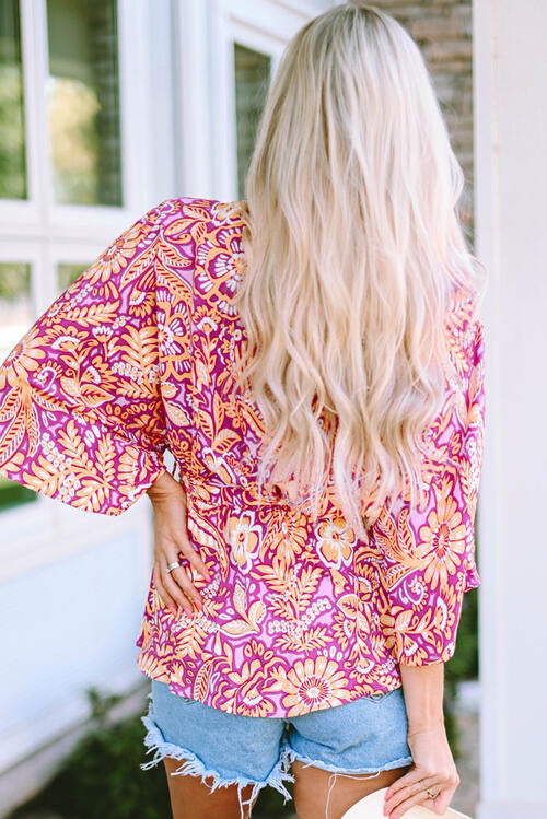 Floral V-Neck Tie Front Ruffled Blouse Shop One Place