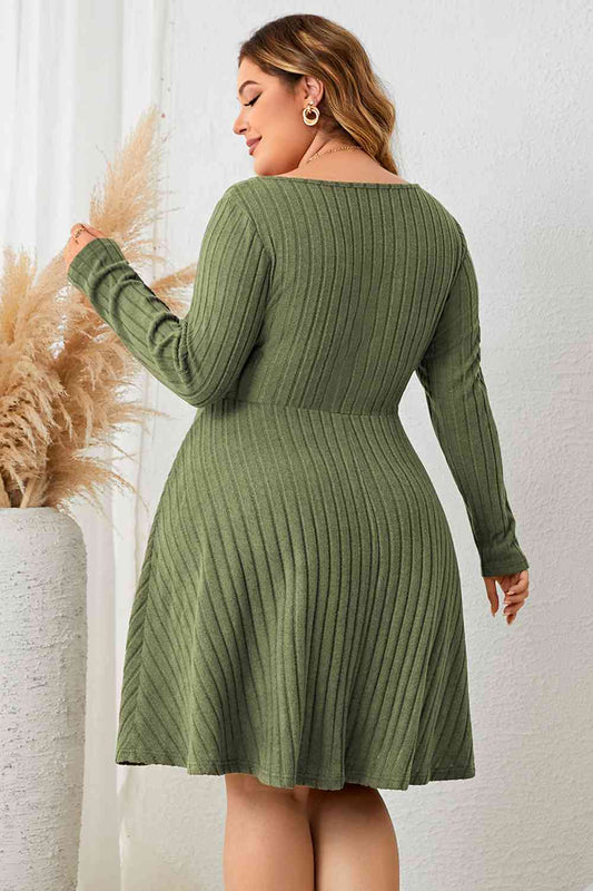Plus Size Sweetheart Neck Long Sleeve Ribbed Dress Shop One Place