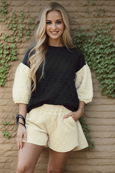 Texture Contrast Top and Shorts Set Shop One Place