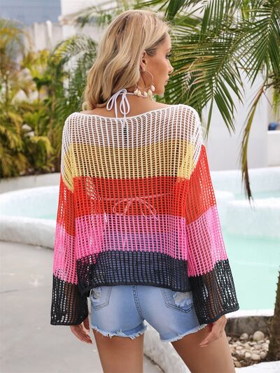 Color Block Openwork Boat Neck Cover Up Shop One Place