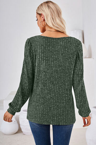 Ribbed Square Neck Long Sleeve T-Shirt Shop One Place