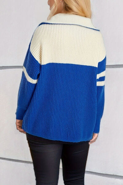 Quarter Zip Striped Dropped Shoulder Sweater Shop One Place