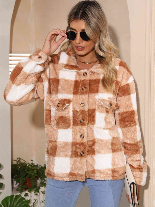 Plaid Collared Neck Drop Shoulder Coat Shop One Place