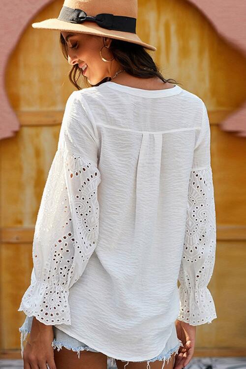 Crochet Flounce Sleeve Button Up Blouse Shop One Place