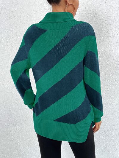 Striped Turtleneck Dropped Shoulder Sweater Shop One Place