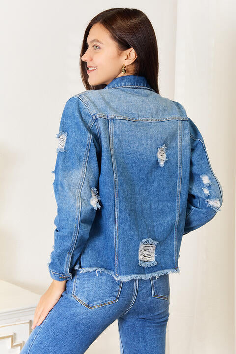 Baeful Leopard Floral Distressed Raw Hem Denim Jacket Shop One Place