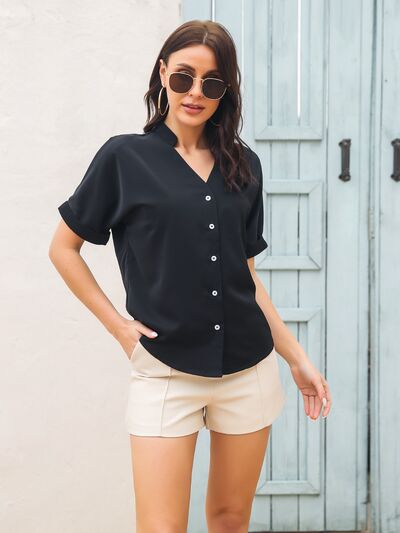 Notched Button Up Short Sleeve Shirt Shop One Place