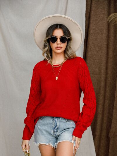 Openwork Round Neck Raglan Sleeve Sweater Shop One Place