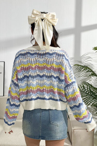 Striped Openwork Dropped Shoulder Sweater Shop One Place