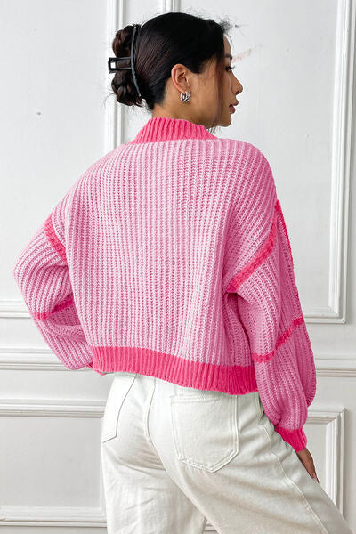 Contrast Open Front Long Sleeve Cardigan Shop One Place