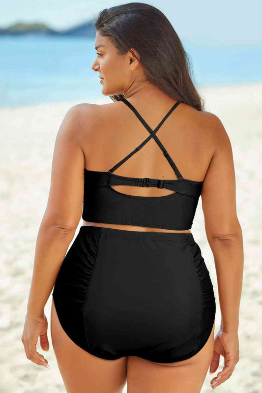 Halter Neck Crisscross Ruched Two-Piece Swimsuit Shop One Place